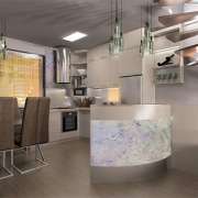 Modern konyha átvilágítható kőfurnérral esti