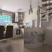Modern konyha átvilágítható kőfurnérral nappal